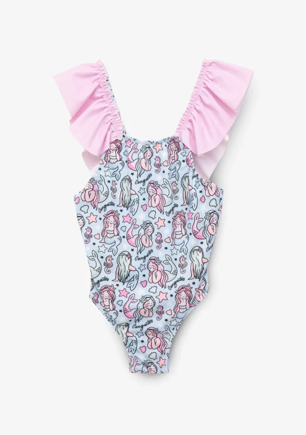 Conguitos Bañador Niña Con Estampado De Sirena Azul Claro Y Coletero^ Baño