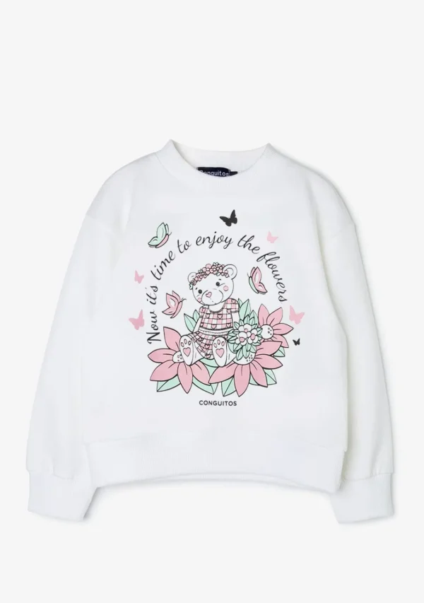 Conguitos Sudadera De Niña Blanco Oso Glitter Flores^ Sudaderas