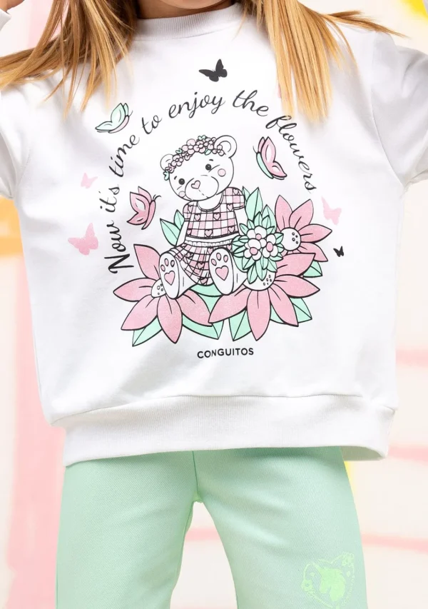 Conguitos Sudadera De Niña Blanco Oso Glitter Flores^ Sudaderas